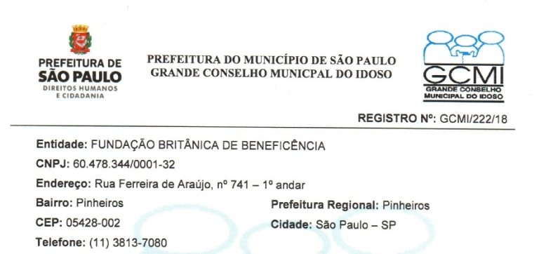 Registro da Fundação Britânica no Grande Conselho Municipal do Idoso (GCMI)